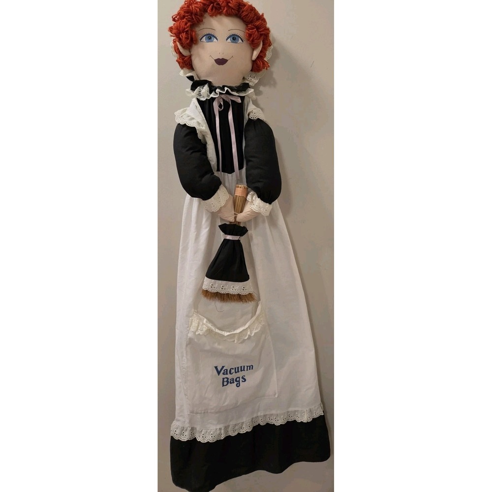 Large Fabric Maid Doll Vacuum Bag Holder Wall Hanging Broom Red Hair